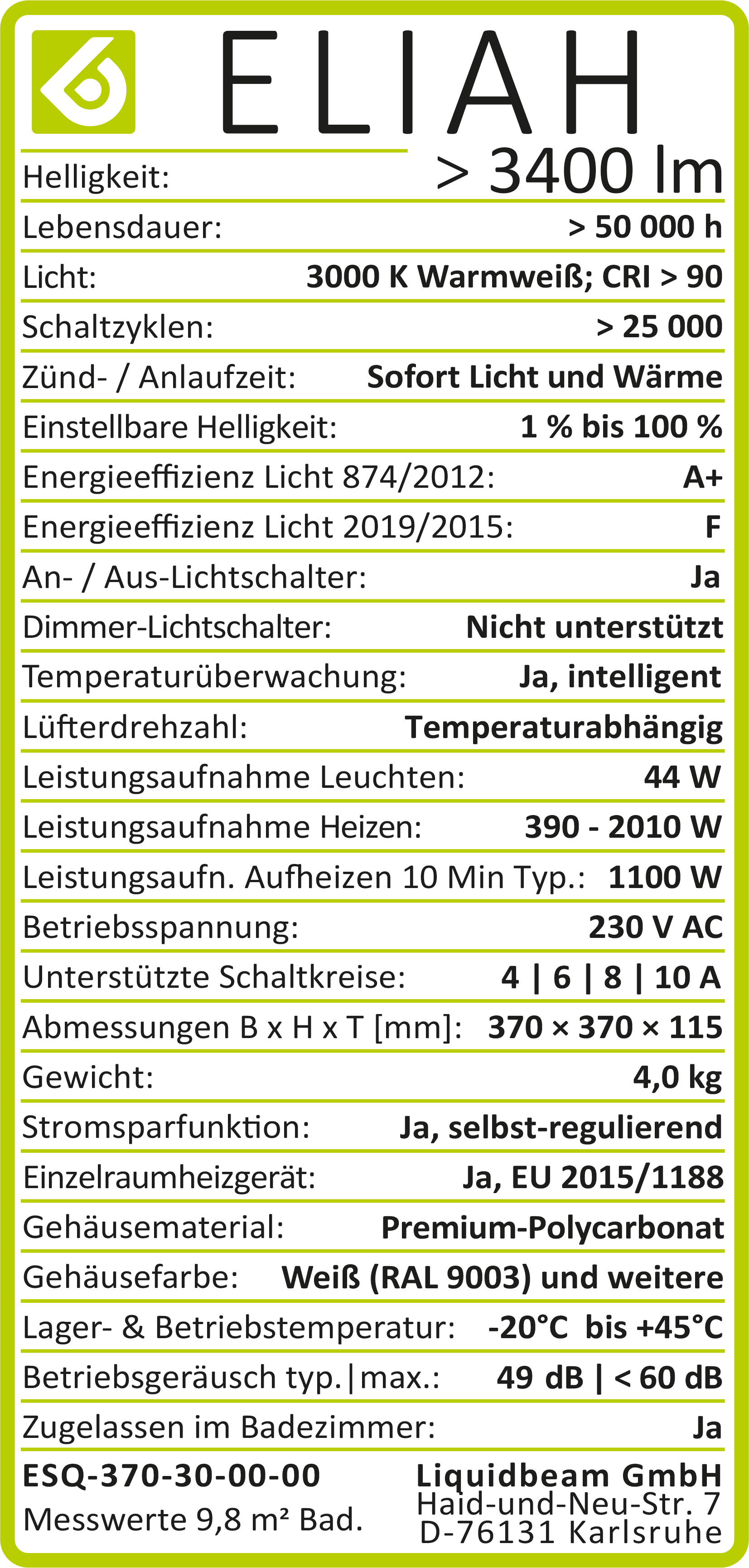 ELIAH technical Daten as of 2021